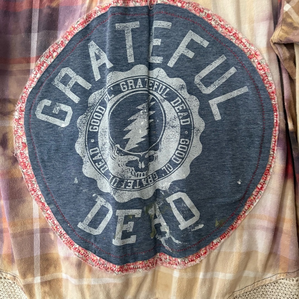 Grateful Dead Upcycled Bleach Distressed Flannel with Crochet Hem - Picture 4 of 15